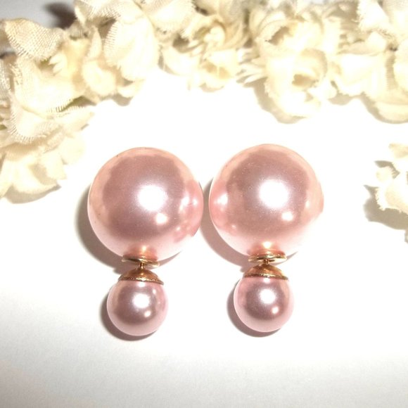 Fashion Jewelry Jewelry - Double Sided Front and Back Earrings Pink Faux Pearl Gold Post Stud Pair C537